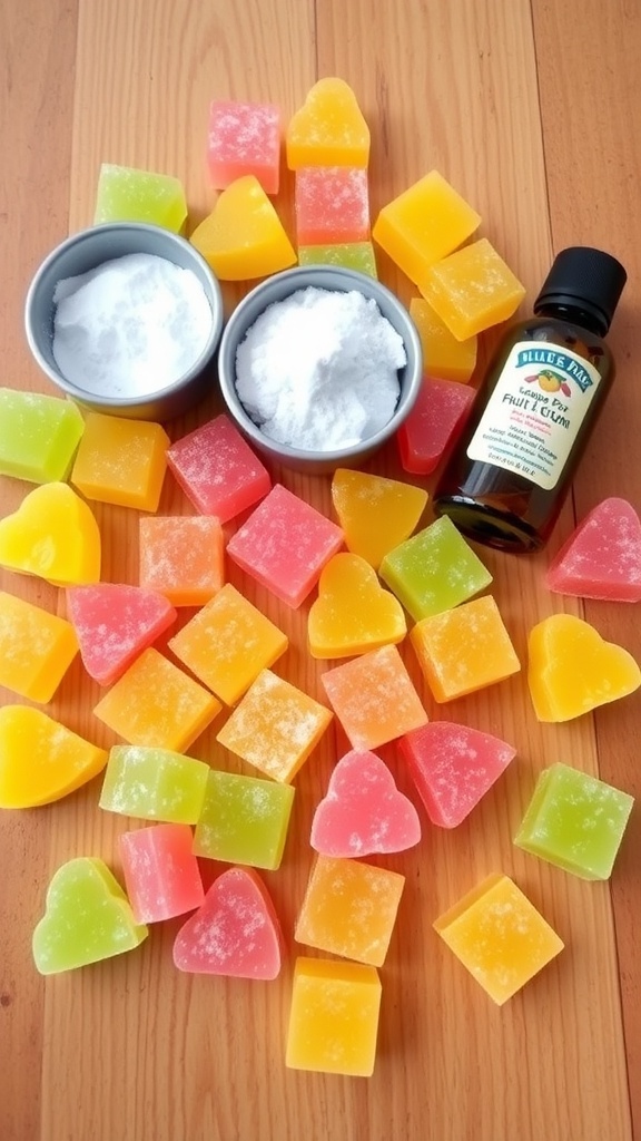 Colorful homemade fruit gum pieces on a wooden table with powdered sugar and fruit extract.